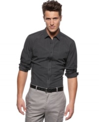 This dark woven shirt is a modern take on the pinstripe to make a bold boardroom impression. This dark woven shirt is a modern take on the pinstripe to make a bold boardroom impression.