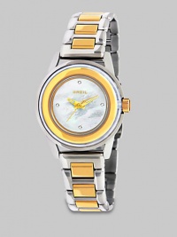 From the Orchestra Collection. Add a touch of brilliance with this Swarovski crystal accented timepiece. Quartz movementWater resistant to 10 ATMRound stainless steel case, 28mm (1.1) Smooth goldtone ion-plated stainless steel bezelMother-of-pearl dialFour Swarovski crystal markersSecond handTwo-tone stainless steel link braceletImported From the Orchestra Collection. Add a touch of brilliance with this Swarovski crystal accented timepiece. Quartz movementWater resistant to 10 ATMRound stainless steel case, 28mm (1.1) Smooth goldtone ion-plated stainless steel bezelMother-of-pearl dialFour Swarovski crystal markersSecond handTwo-tone stainless steel link braceletImported
