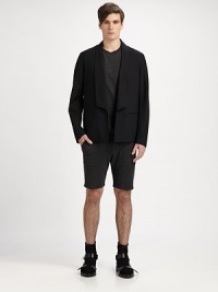 A boxy shape with an angled shawl collar and a slightly cropped length, in fine stretch wool from Italy. Shawl collar with angled edge and tonal whipstitchingOne-button closeLong sleeves with vented cuffsWelt pocketsCenter back ventAbout 27 from shoulder to hem98% wool/2% elastaneDry cleanImported of Italian fabric A boxy shape with an angled shawl collar and a slightly cropped length, in fine stretch wool from Italy. Shawl collar with angled edge and tonal whipstitchingOne-button closeLong sleeves with vented cuffsWelt pocketsCenter back ventAbout 27 from shoulder to hem98% wool/2% elastaneDry cleanImported of Italian fabric