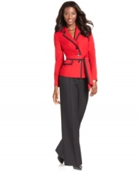 Evan Picone offers a glamorous way to update your work wardrobe. Flattering trousers coordinate with a belted, bold-hued jacket for a polished, professional look. Evan Picone offers a glamorous way to update your work wardrobe. Flattering trousers coordinate with a belted, bold-hued jacket for a polished, professional look.