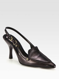 Point toe leather silhouette with chic goldtone detailing is an undeniable wardrobe staple. Self-covered heel, 3½ (90mm)Leather upperAdjustable strapLeather lining and solePadded insoleMade in ItalyOUR FIT MODEL RECOMMENDS ordering one half size down as this style runs large. Point toe leather silhouette with chic goldtone detailing is an undeniable wardrobe staple. Self-covered heel, 3½ (90mm)Leather upperAdjustable strapLeather lining and solePadded insoleMade in ItalyOUR FIT MODEL RECOMMENDS ordering one half size down as this style runs large.