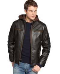 Toughen up your favorite casual combos with the sleek moto-infused look of this hooded faux leather jacket from Guess. Toughen up your favorite casual combos with the sleek moto-infused look of this hooded faux leather jacket from Guess.