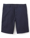 A modern micro-checked print in shades of dark blue give shorts from Theory a preppy-with-an-edge feel.