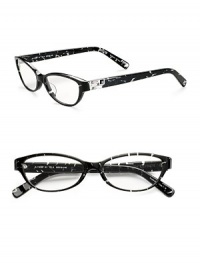 THE LOOKPlastic mosaic frames with metallic accentsCat's-eye shapeAustrian stone details on temples and tipsTHE COLORBlack mosaic frames with clear lensesORIGINImported THE LOOKPlastic mosaic frames with metallic accentsCat's-eye shapeAustrian stone details on temples and tipsTHE COLORBlack mosaic frames with clear lensesORIGINImported