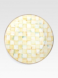 Add a sunny dash of style to any occasion with this elegant platter, hand-painted with soft-hued checks and finished with an opulent bronzed rim.From the Parchment Check collectionBronzed stainless steel rimEnameled steel16 diam.Hand washImported Add a sunny dash of style to any occasion with this elegant platter, hand-painted with soft-hued checks and finished with an opulent bronzed rim.From the Parchment Check collectionBronzed stainless steel rimEnameled steel16 diam.Hand washImported