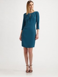 Impeccably tailored for a sleek silhouette, finished with a pleated keyhole detail.Jewel neckline with pleats and keyhole detailThree-quarter sleevesConcealed back zipAbout 21 from natural waist57% acetate/43% viscoseDry cleanMade in Italy of imported fabricModel shown is 5'10½ (179cm) wearing US size 4.OUR FIT MODEL RECOMMENDS ordering true size. Impeccably tailored for a sleek silhouette, finished with a pleated keyhole detail.Jewel neckline with pleats and keyhole detailThree-quarter sleevesConcealed back zipAbout 21 from natural waist57% acetate/43% viscoseDry cleanMade in Italy of imported fabricModel shown is 5'10½ (179cm) wearing US size 4.OUR FIT MODEL RECOMMENDS ordering true size.