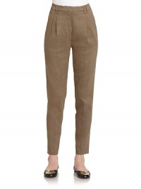 THE LOOKNarrow waistband with belt loops Front zipper with hook closurePleated frontFront seam pocketsStraight legBack welt button pocketBack dartsTHE FITRise, about 11Inseam, about 28THE MATERIAL58% linen/41% viscose/1% lycraCARE & ORIGINDry cleanMade in ItalyModel shown is 5'10 (177cm) wearing US size 4. THE LOOKNarrow waistband with belt loops Front zipper with hook closurePleated frontFront seam pocketsStraight legBack welt button pocketBack dartsTHE FITRise, about 11Inseam, about 28THE MATERIAL58% linen/41% viscose/1% lycraCARE & ORIGINDry cleanMade in ItalyModel shown is 5'10 (177cm) wearing US size 4.