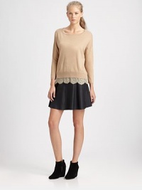 An extra-fine knit finished with scalloped lace at the hem for a touch of feminine charm.BoatneckDropped shouldersRibbed trimPullover styleAbout 24 from shoulder to hem40% nylon/35% rayon/20% wool/5% cashmereDry cleanImportedModel shown is 5'11 (180cm) wearing US size Small. An extra-fine knit finished with scalloped lace at the hem for a touch of feminine charm.BoatneckDropped shouldersRibbed trimPullover styleAbout 24 from shoulder to hem40% nylon/35% rayon/20% wool/5% cashmereDry cleanImportedModel shown is 5'11 (180cm) wearing US size Small.