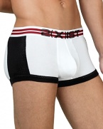 Classic trunks featuring a colorful striped elastic binding with contrasting waistband and 2(x)ist logo