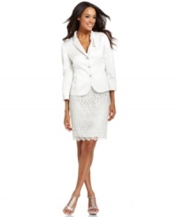 From top to bottom, this suit from Tahari by ASL is full of feminine touches like its pleated, gathered collar and a lacy overlay on the skirt. Pair with pretty heels and prepare to dazzle at your next occasion! From top to bottom, this suit from Tahari by ASL is full of feminine touches like its pleated, gathered collar and a lacy overlay on the skirt. Pair with pretty heels and prepare to dazzle at your next occasion!