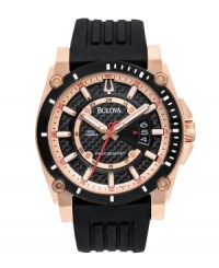 The world's most accurate watch: Precisionist by Bulova. Black ribbed silicone strap and round rose-gold tone stainless steel case. Black carbon fiber dial features rose-gold tone stick indices, date window at three o'clock, military time, luminous hour and minute hands, continually sweeping red second hand and logo. Quartz movement. Water resistant to 300 meters. Three-year limited warranty. The world's most accurate watch: Precisionist by Bulova. Black ribbed silicone strap and round rose-gold tone stainless steel case. Black carbon fiber dial features rose-gold tone stick indices, date window at three o'clock, military time, luminous hour and minute hands, continually sweeping red second hand and logo. Quartz movement. Water resistant to 300 meters. Three-year limited warranty.