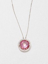 A faceted round pink topaz stone surrounded by dazzling white sapphires set in 14k rose gold on a delicate link chain. Pink topazWhite sapphire14k rose goldLength, about 16Pendant size, about .3 Spring ring closureMade in USA A faceted round pink topaz stone surrounded by dazzling white sapphires set in 14k rose gold on a delicate link chain. Pink topazWhite sapphire14k rose goldLength, about 16Pendant size, about .3 Spring ring closureMade in USA