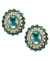 Timeless beauty from Bar III. Emerald-colored crystals are gently placed on an oval silhouette on these lovely earrings. Crafted in gold tone mixed metal. Approximate diameter: 1 inch.