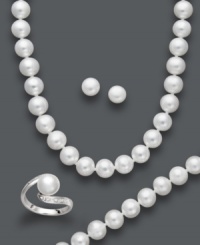 Refine your look. This sophisticated matching jewelry set includes pearl stud earrings (8-9 mm), a pearl strand necklace (7-8 mm), a pearl strand bracelet (8-9 mm) and pearl (8-8-1/2 mm) and diamond accent ring. Crafted in sterling silver. Set comes packaged in a signature brown box. Approximate stud diameter: 8-9 mm. Approximate necklace length: 18 inches. Approximate bracelet length: 7-1/2 inches. Ring size 7. Refine your look. This sophisticated matching jewelry set includes pearl stud earrings (8-9 mm), a pearl strand necklace (7-8 mm), a pearl strand bracelet (8-9 mm) and pearl (8-8-1/2 mm) and diamond accent ring. Crafted in sterling silver. Set comes packaged in a signature brown box. Approximate stud diameter: 8-9 mm. Approximate necklace length: 18 inches. Approximate bracelet length: 7-1/2 inches. Ring size 7.