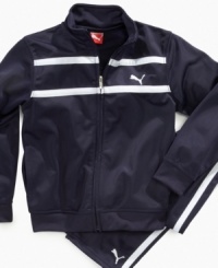 With fall weather comes fall sporty layering and this tracksuit from Puma is ideal for all his athletic style needs. With fall weather comes fall sporty layering and this tracksuit from Puma is ideal for all his athletic style needs.