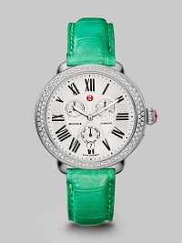 From the Serein Collection. Truly dazzle in this diamond accented technical timepiece. Quartz movementWater resistant to 5 ATMElliptical stainless steel case, 40mm (1.6) x 38mm (1.5) Diamond accented bezel, .6 tcwSilvertone dialRoman numeral hour markersDate display at 6 o'clockSecond hand Jade alligator strap, 18mm (.7)Made in Switzerland 