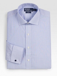 A trim-fitting Regent dress shirt in crisp cotton broadcloth with slim stripes and French cuffs. Buttonfront Moderate spread collar French cuffs Cotton Machine wash Imported A trim-fitting Regent dress shirt in crisp cotton broadcloth with slim stripes and French cuffs. Buttonfront Moderate spread collar French cuffs Cotton Machine wash Imported
