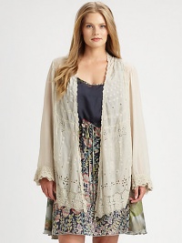 The quintessential layering piece, this eyelet-enhanced design will complement your curves thanks to its draped design.Open-front designLong sleevesScalloped trimAbout 34 from shoulder to hemRayonMachine washImported The quintessential layering piece, this eyelet-enhanced design will complement your curves thanks to its draped design.Open-front designLong sleevesScalloped trimAbout 34 from shoulder to hemRayonMachine washImported