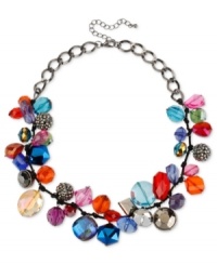 Cover the full fashion spectrum with this frontal necklace from Haskell. Crafted from hematite-tone mixed metal, the necklace is adorned with faceted beads and glass stones in an array of hues. Approximate length: 19 inches + 3-inch extender. Approximate drop: 1 inch. Cover the full fashion spectrum with this frontal necklace from Haskell. Crafted from hematite-tone mixed metal, the necklace is adorned with faceted beads and glass stones in an array of hues. Approximate length: 19 inches + 3-inch extender. Approximate drop: 1 inch.