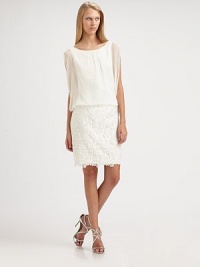 A sheer silk chiffon bodice crowns an ultra-feminine floral lace skirt.Jewel necklineSheer blouson bodiceLace skirtScalloped hemlineBack keyhole button closureFully linedAbout 20 from natural waistBodice: silkSkirt: polyesterDry cleanImportedModel shown is 5'10 (177cm) wearing US size 4. A sheer silk chiffon bodice crowns an ultra-feminine floral lace skirt.Jewel necklineSheer blouson bodiceLace skirtScalloped hemlineBack keyhole button closureFully linedAbout 20 from natural waistBodice: silkSkirt: polyesterDry cleanImportedModel shown is 5'10 (177cm) wearing US size 4.
