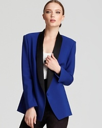 Your take on his luxe, this tux-inspired blazer features feminine details on a structured classic: shawl collar, faux front pockets, contrast silk lining peeking out from the cuffs. Your take on his luxe, this tux-inspired blazer features feminine details on a structured classic: shawl collar, faux front pockets, contrast silk lining peeking out from the cuffs.