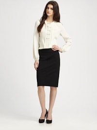 Petite bows line this silk/spandex woven blouse with impeccable pleating details. JewelneckLong sleeves with pleated cuffsFront center pleatingAbout 26 from shoulder to hem95% silk/5% spandexDry cleanImportedModel shown is 5'9½ (176cm) wearing US size 4. Petite bows line this silk/spandex woven blouse with impeccable pleating details. JewelneckLong sleeves with pleated cuffsFront center pleatingAbout 26 from shoulder to hem95% silk/5% spandexDry cleanImportedModel shown is 5'9½ (176cm) wearing US size 4.