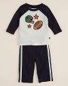 A lovely gift for the aspiring athlete, this gridiron-inspired set features a cute raglan top with football prints and a matching stripe pant.