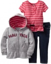 Nautica Sportswear Kids Girls 2-6X Knit Top and Denim Bottom Full Zip Hoodie Sweater Set, Light Grey Heather, 3T