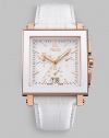 An elegant square timepiece with a ceramic bezel, 18k rose goldplated accents and full chronograph functions.