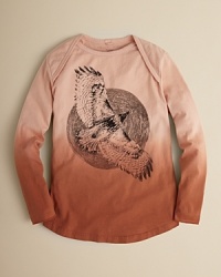 This droll tee features an envelope-style neckline and a dip-dye base with a faded hawk print on the chest. This droll tee features an envelope-style neckline and a dip-dye base with a faded hawk print on the chest.