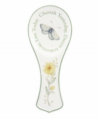 Spring is perpetually in season with the Butterfly Meadow spoon rest. Colorful blooms and butterflies mingle on beautiful white porcelain with an ultra-sweet message: Cherish Yesterday, Dream Tomorrow, Live Today. Spring is perpetually in season with the Butterfly Meadow spoon rest. Colorful blooms and butterflies mingle on beautiful white porcelain with an ultra-sweet message: Cherish Yesterday, Dream Tomorrow, Live Today.