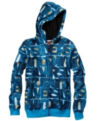Comfy cool. Warm fleece on this zip-up hoodie from Quiksilver makes it perfect for pulling on during cool nights or after a day at the beach. Comfy cool. Warm fleece on this zip-up hoodie from Quiksilver makes it perfect for pulling on during cool nights or after a day at the beach.