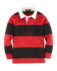 Our classic striped rugby is the utmost in laid-back preppy style and is cut for a comfortable fit in lightweight utility jersey. Our classic striped rugby is the utmost in laid-back preppy style and is cut for a comfortable fit in lightweight utility jersey.