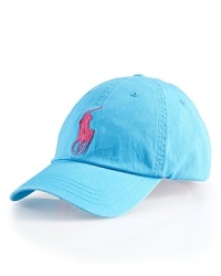 A preppy baseball cap in signature cotton twill features athletic-inspired embroidery for iconic heritage. A preppy baseball cap in signature cotton twill features athletic-inspired embroidery for iconic heritage.