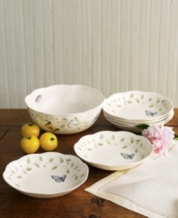A floral and butterfly pattern featuring monarchs, dragonflies, tiger swallowtails and blue butterflies lends your tabletop a romantic, whimsical sensibility. A floral and butterfly pattern featuring monarchs, dragonflies, tiger swallowtails and blue butterflies lends your tabletop a romantic, whimsical sensibility.
