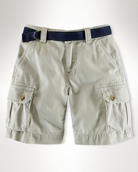 Cool utility-inspired cargo short in substantial cotton twill. Cool utility-inspired cargo short in substantial cotton twill.
