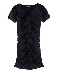 For the sophisticated girly girl, a ruched dress with cascading ruffles at the front provides a pretty and polished look. For the sophisticated girly girl, a ruched dress with cascading ruffles at the front provides a pretty and polished look.