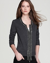 Balancing preppy polish with punk attitude, a classic MICHAEL Michael Kors cardigan features a chain-link placket for a tough-luxe look. Balancing preppy polish with punk attitude, a classic MICHAEL Michael Kors cardigan features a chain-link placket for a tough-luxe look.