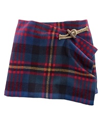 Rendered in soft cotton, a pretty wrap skirt exudes outdoorsy charm with a plaid pattern and wooden toggle closure.