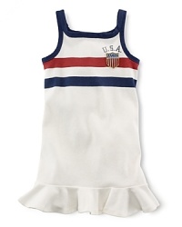 In celebration of Team USA's participation in the 2012 Olympics, a sporty ruffled dress features red, white and blue stripes and an embroidered flag patch for heritage flair. In celebration of Team USA's participation in the 2012 Olympics, a sporty ruffled dress features red, white and blue stripes and an embroidered flag patch for heritage flair.