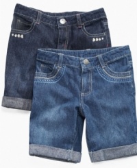 Off the cuff. She'll be ready to get up and go in these cute cuffed jean shorts from So Jenni. Off the cuff. She'll be ready to get up and go in these cute cuffed jean shorts from So Jenni.