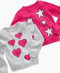 This So Jenni sweater is so cute! Choose from a vibrant star or heart print. This So Jenni sweater is so cute! Choose from a vibrant star or heart print.