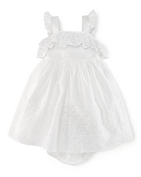 Perfect for special occasions or a little fun in the sun, a charming cotton dress is embellished with dainty ruffles and eyelet embroidery for sweet style. Perfect for special occasions or a little fun in the sun, a charming cotton dress is embellished with dainty ruffles and eyelet embroidery for sweet style.