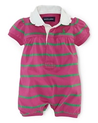 A ruffle-trimmed Peter Pan collar and precious puffed sleeves accent an adorable bubble, crafted from luxuriously soft cotton jersey in a playful stripe pattern. A ruffle-trimmed Peter Pan collar and precious puffed sleeves accent an adorable bubble, crafted from luxuriously soft cotton jersey in a playful stripe pattern.