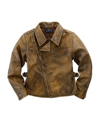 A cropped jacket combines biker-chic style and heritage details in sumptuous faded leather for a bold statement piece. A cropped jacket combines biker-chic style and heritage details in sumptuous faded leather for a bold statement piece.
