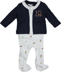 Ralph Lauren Layette 3 Piece Rugby Bear Print Knit Set (3 Month, Frech Navy)