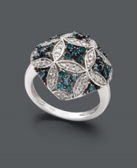 Vintage style with a modern twist. This antique-inspired quilt ring adds a touch of modernity with round-cut blue diamonds (1/2 ct. t.w.) and white diamonds (3/8 ct. t.w.) in a fresh, floral pattern. Statement ring crafted in sterling silver. Size 7. Vintage style with a modern twist. This antique-inspired quilt ring adds a touch of modernity with round-cut blue diamonds (1/2 ct. t.w.) and white diamonds (3/8 ct. t.w.) in a fresh, floral pattern. Statement ring crafted in sterling silver. Size 7.