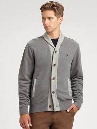 This shawl collar cardigan with contrasting trim exudes effortless cool, shaped in comfortable cotton for long lasting style and comfort.Button-frontShawl collarRibbed knit cuffs and hemSide slash pocketsCottonDry cleanImported This shawl collar cardigan with contrasting trim exudes effortless cool, shaped in comfortable cotton for long lasting style and comfort.Button-frontShawl collarRibbed knit cuffs and hemSide slash pocketsCottonDry cleanImported