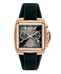 Command respect with this creation from ESQ by Movado. Watch crafted of black silicone strap and square rose-gold plated stainless steel case and bezel. Black chronograph dial features rose-gold tone numeral at twelve o'clock, stick indices, white minute track, date window at four o'clock, three subdials and logo. Swiss quartz movement. Water resistant to 30 meters. Two-year limited warranty. Command respect with this creation from ESQ by Movado. Watch crafted of black silicone strap and square rose-gold plated stainless steel case and bezel. Black chronograph dial features rose-gold tone numeral at twelve o'clock, stick indices, white minute track, date window at four o'clock, three subdials and logo. Swiss quartz movement. Water resistant to 30 meters. Two-year limited warranty.
