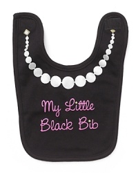 A black bib with pearls and My little black bib printed on front. A black bib with pearls and My little black bib printed on front.